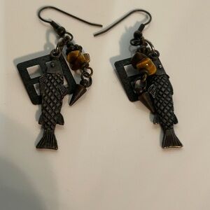 Tiger Eye Fish Charm Earrings - Black Metal Fish Design